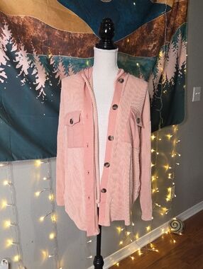 Reborn J Dusty Rose Ribbed Hooded Cardigan Size M